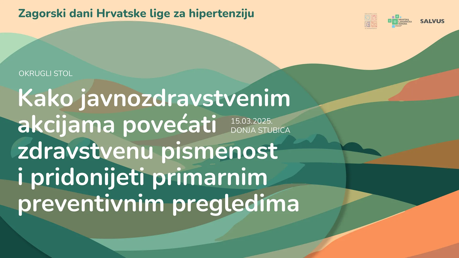 Vizual s tekstom okruglog stola iza kojeg se nalaze nizine u zelenim i narančastim bojama